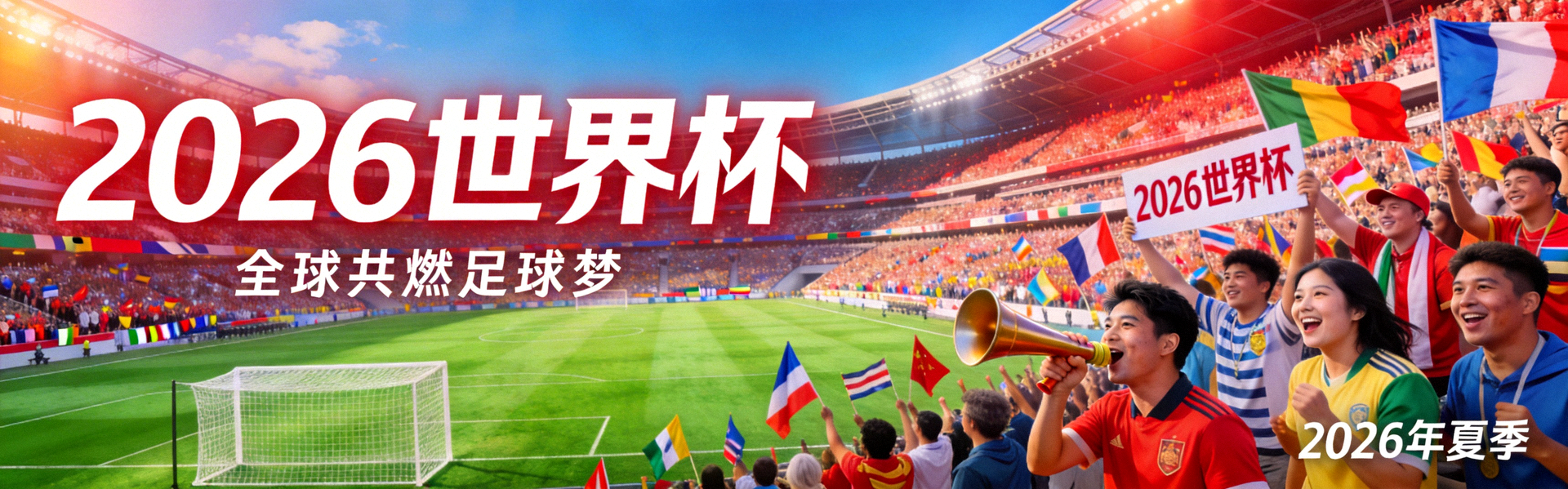 2026世界杯官方宣传横幅，展示球场与球迷热烈氛围